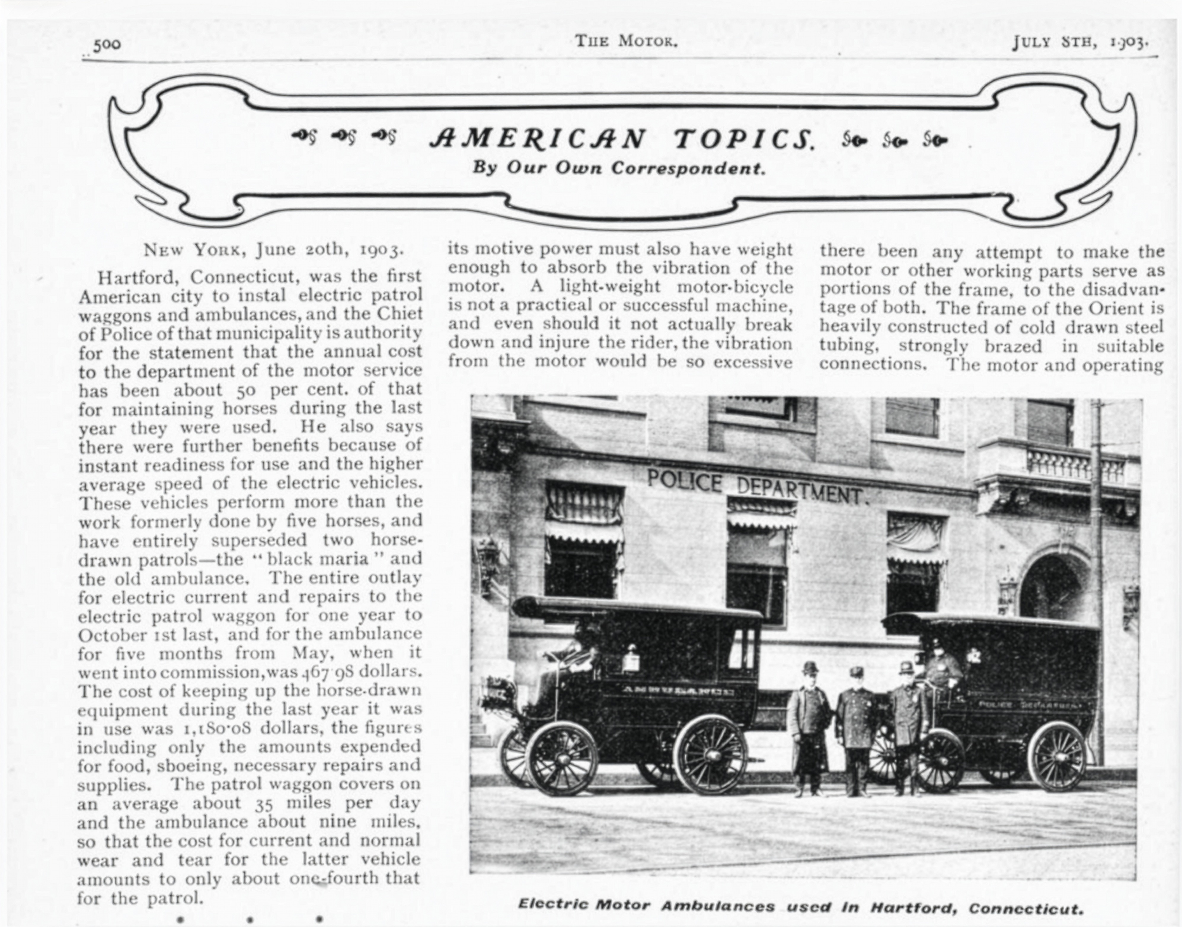 Hartford electric motor ambulance as featured in The Motor, July 8, 1903